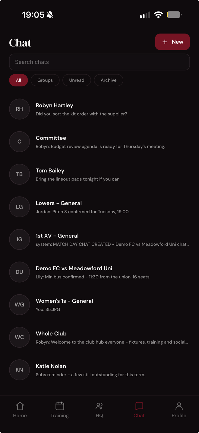 Chats screen in the ClubHQ&trade; app