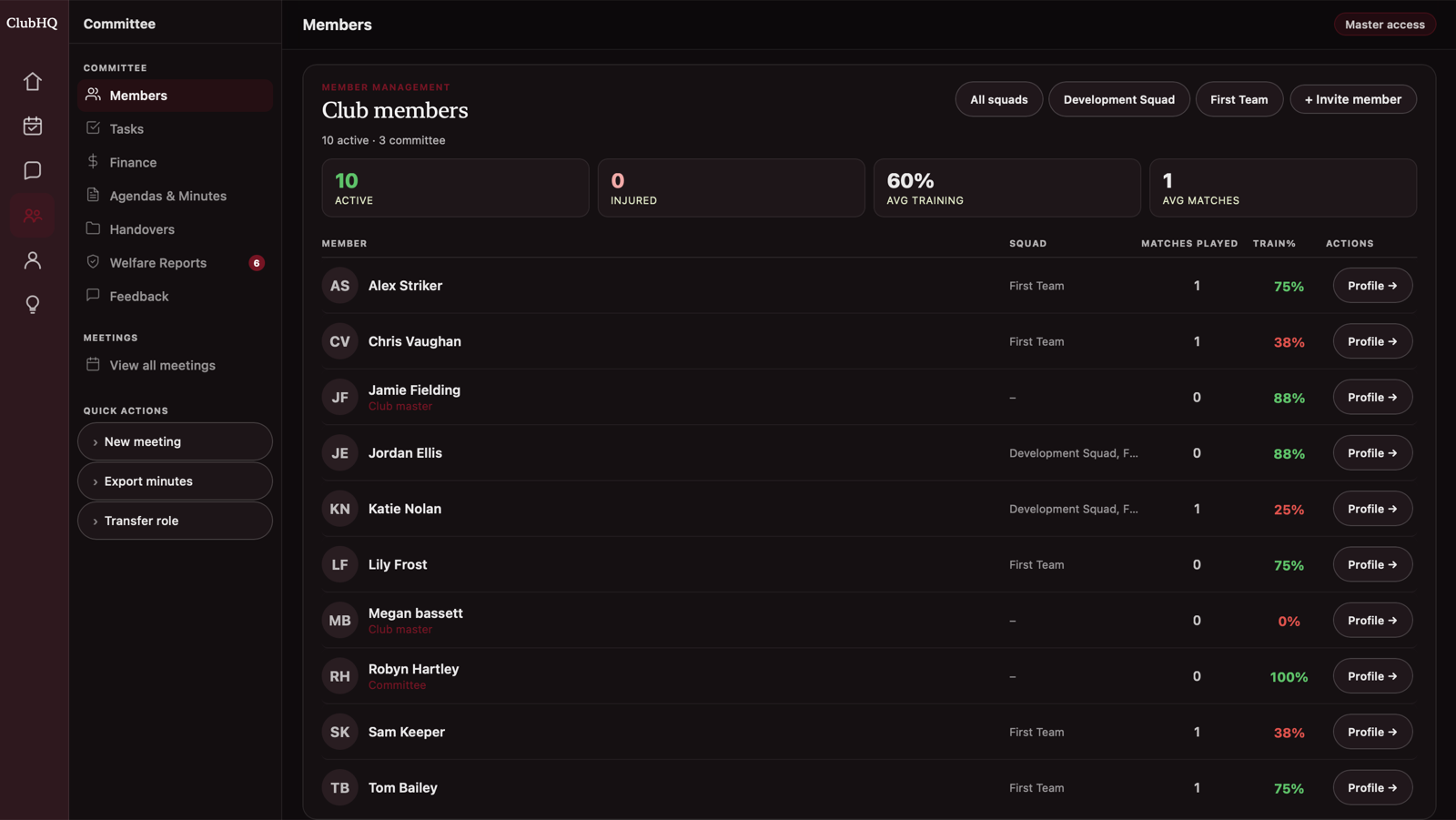 ClubHQ&trade; committee dashboard showing the club members list with squads, matches played and training attendance