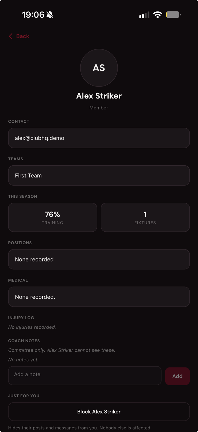 Player profile screen in the ClubHQ&trade; app