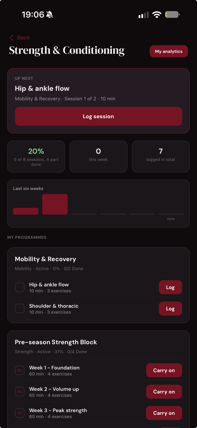 Strength & Conditioning screen in the ClubHQ&trade; app